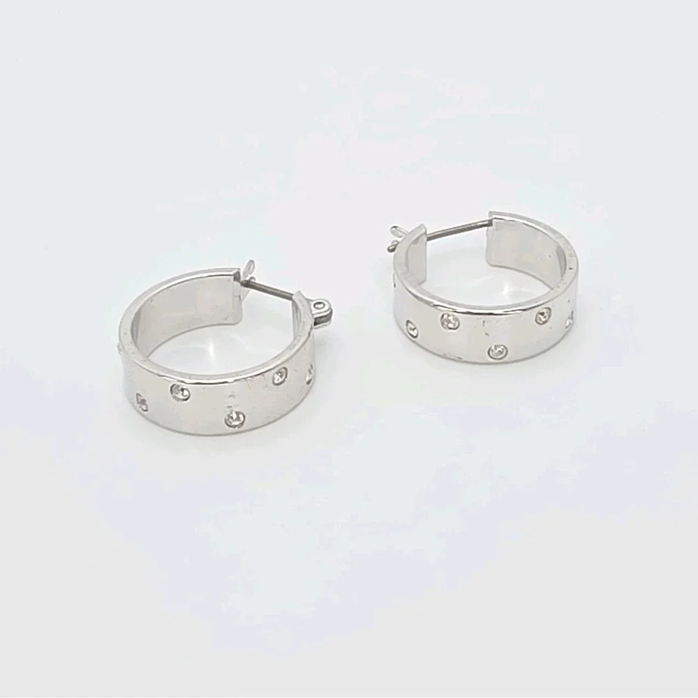 Vintage SWAROVSKI Signed Hoop Earrings Wide Crystal Studded Rhodium Plate Hinged